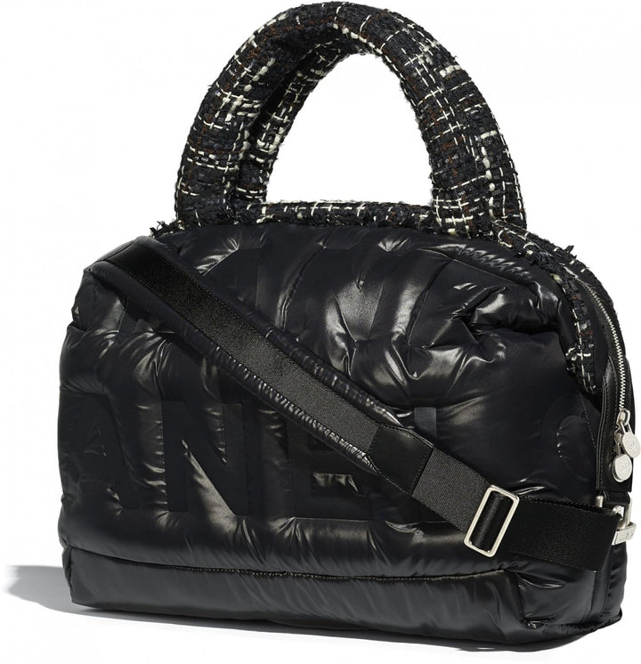CHANEL NYLON TWEED COCO NEIGE EMBOSSED DOUDOUNE LARGE BOWLING BAG