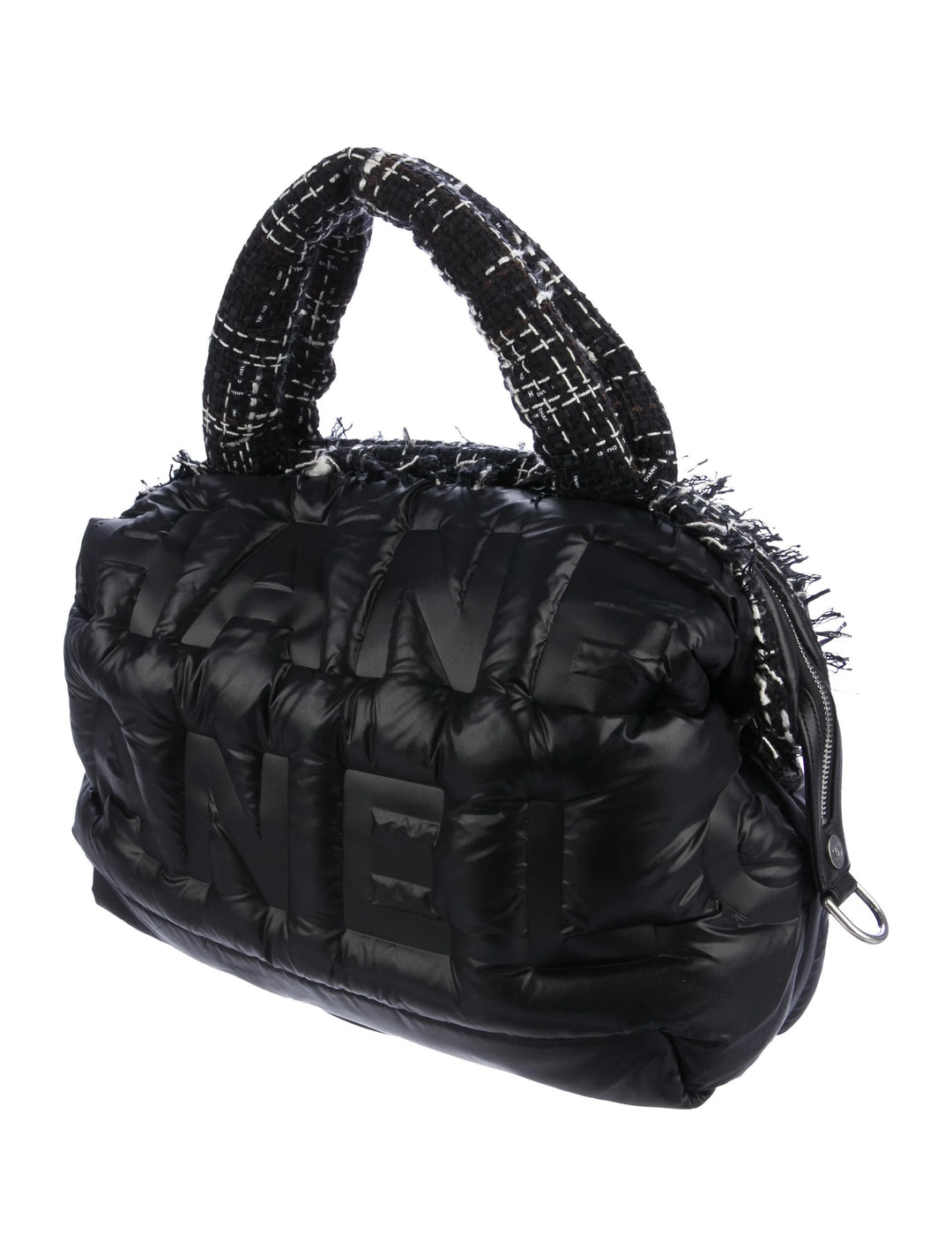 CHANEL NYLON TWEED COCO NEIGE EMBOSSED DOUDOUNE LARGE BOWLING BAG