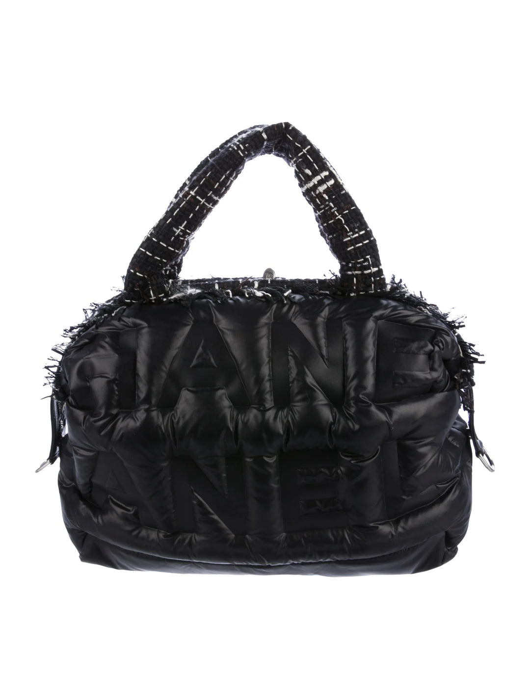 CHANEL NYLON TWEED COCO NEIGE EMBOSSED DOUDOUNE LARGE BOWLING BAG