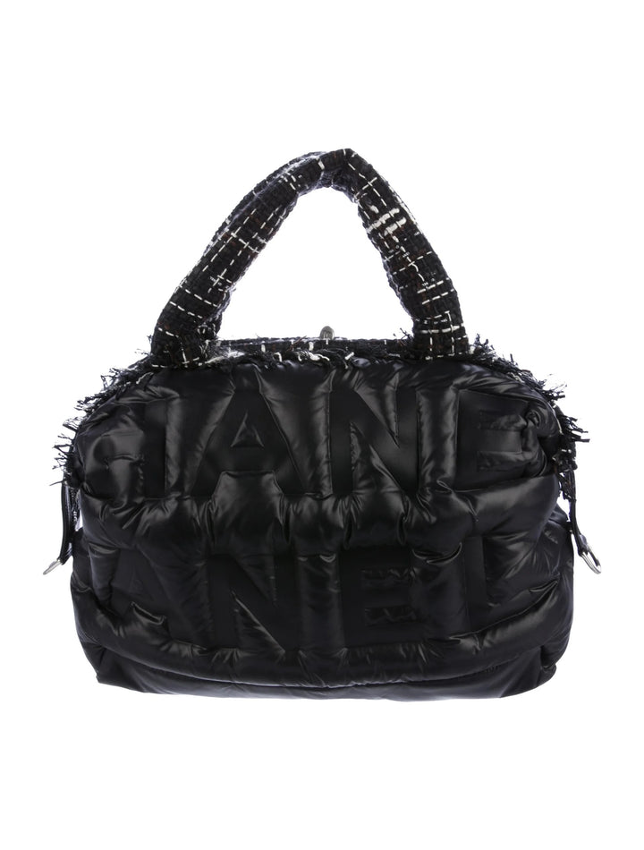 CHANEL NYLON TWEED COCO NEIGE EMBOSSED DOUDOUNE LARGE BOWLING BAG
