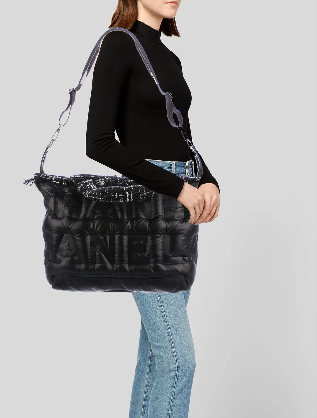 CHANEL NYLON TWEED COCO NEIGE EMBOSSED DOUDOUNE LARGE BOWLING BAG