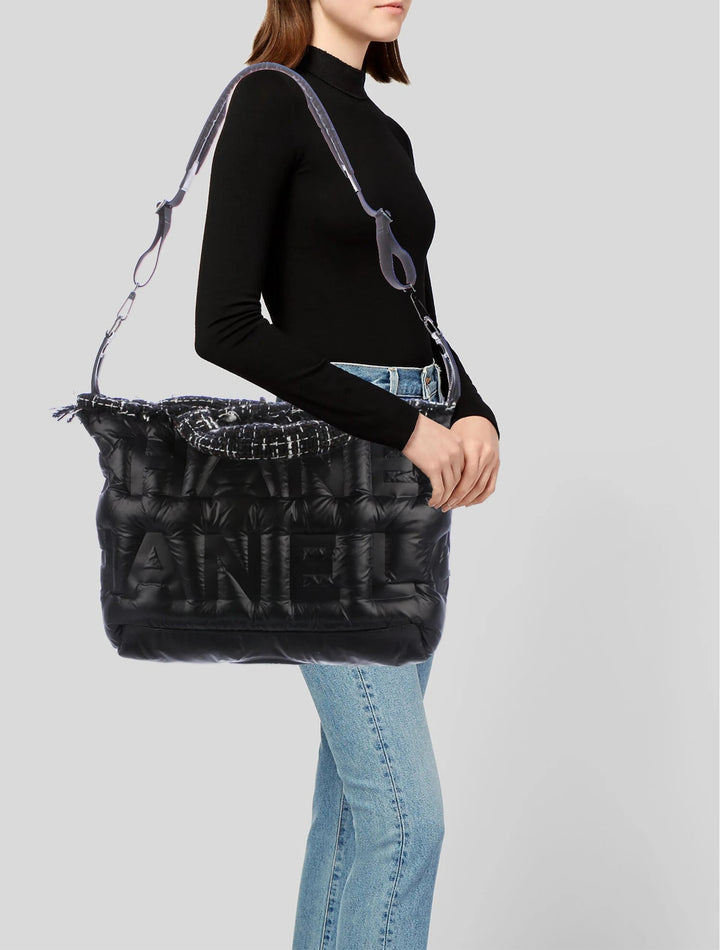 CHANEL NYLON TWEED COCO NEIGE EMBOSSED DOUDOUNE LARGE BOWLING BAG