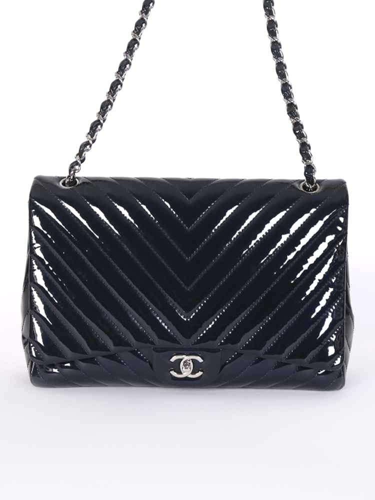 CHANEL PATENT CHEVRON QUILTED MAXI CLASSIC FLAP BAG