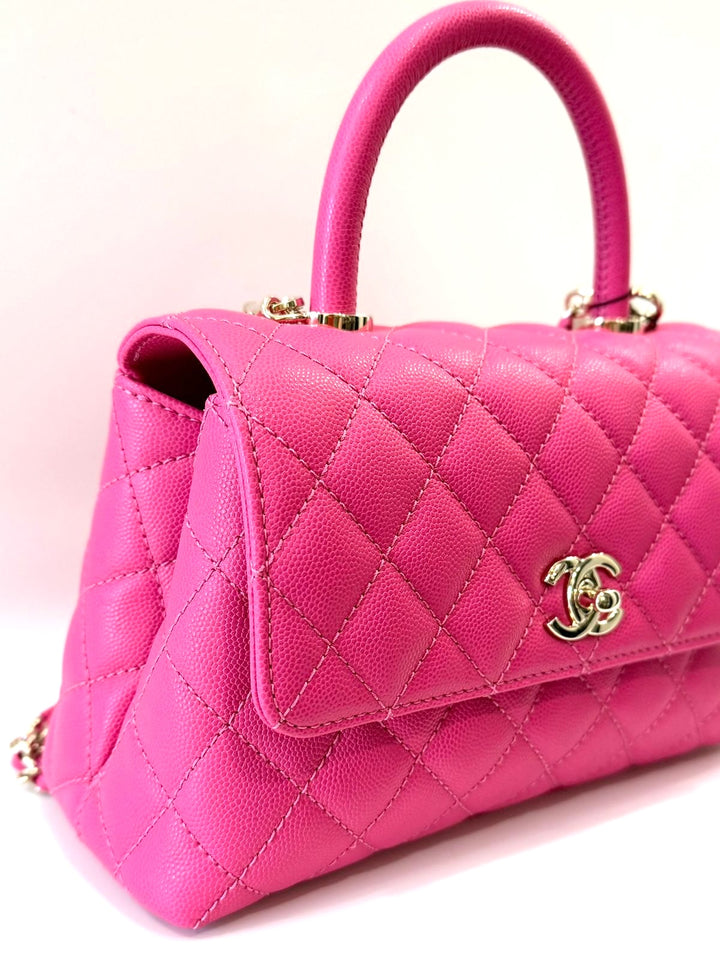 CHANEL CAVIAR QUILTED SMALL COCO HANDLE FLAP BAG IN PINK
