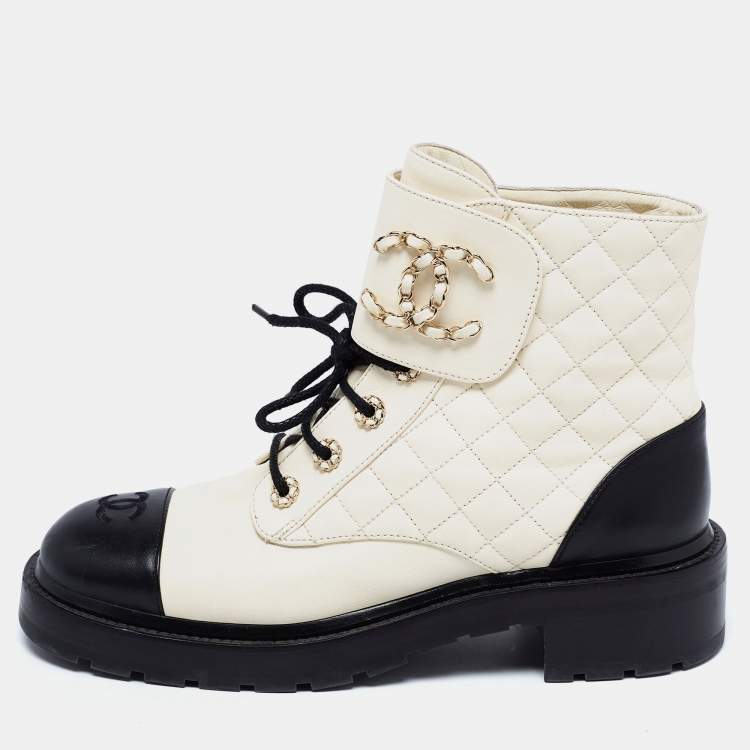 CHANEL CC QUILTED LEATHER CAP TOE CHAIN LINK LOGO COMBAT BOOTS ...