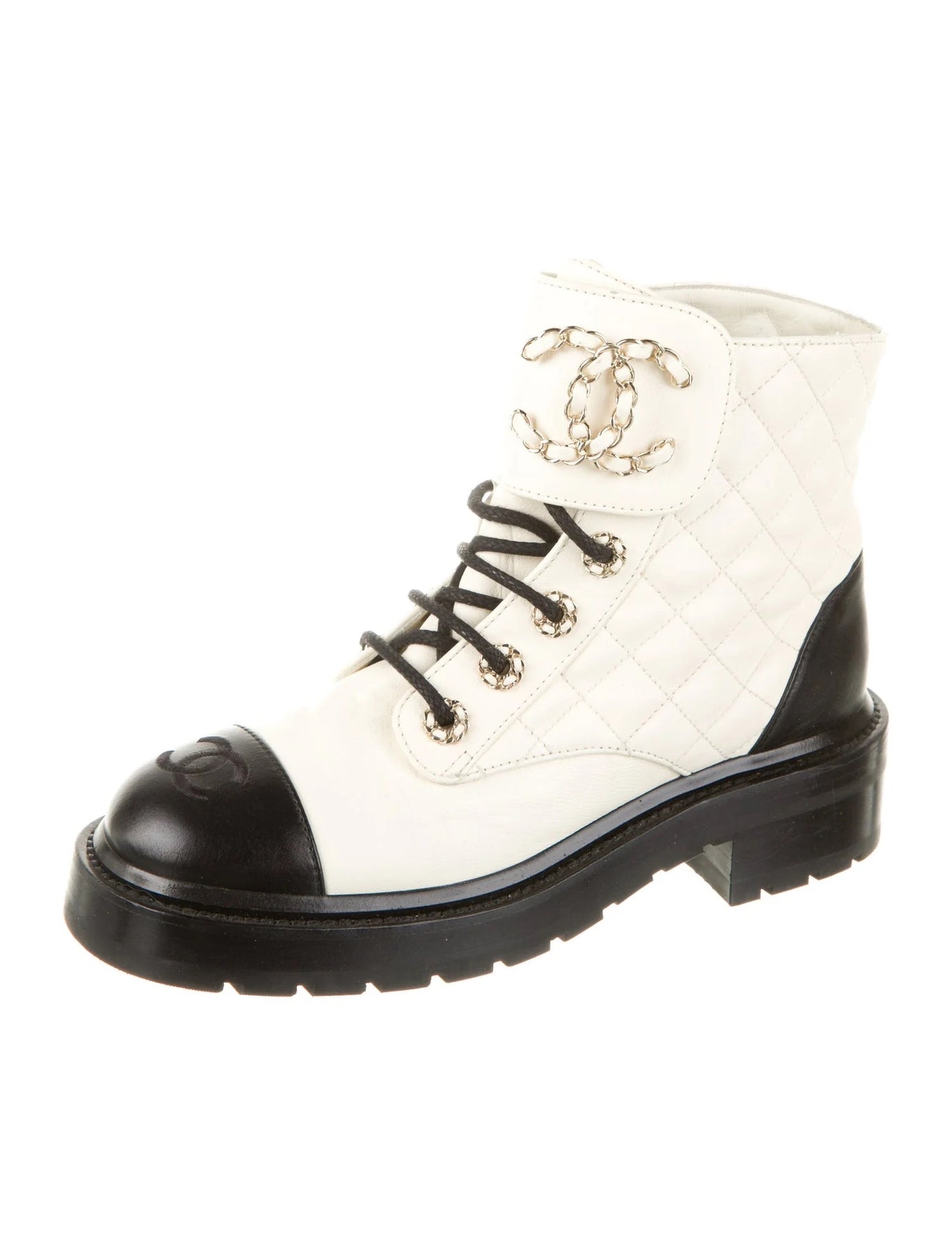 Challes Boot CHANEL CC QUILTED LEATHER CAP TOE CHAIN LINK LOGO COMBAT BOOTS ...
