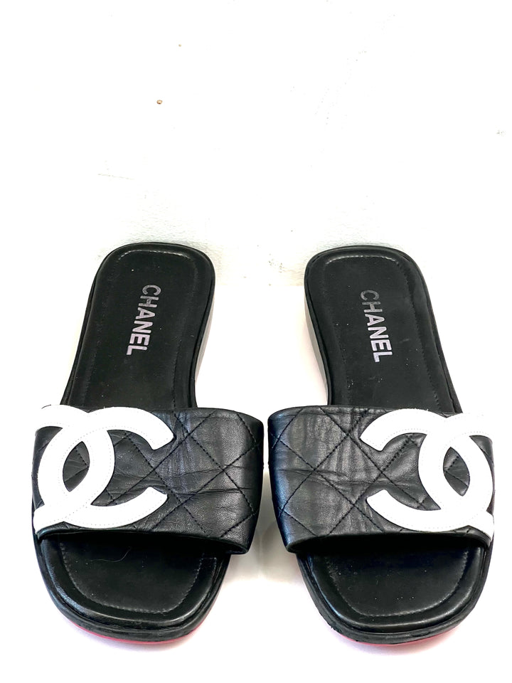 CHANEL QUILTED LEATHER CAMBON CC SLIDE SANDALS