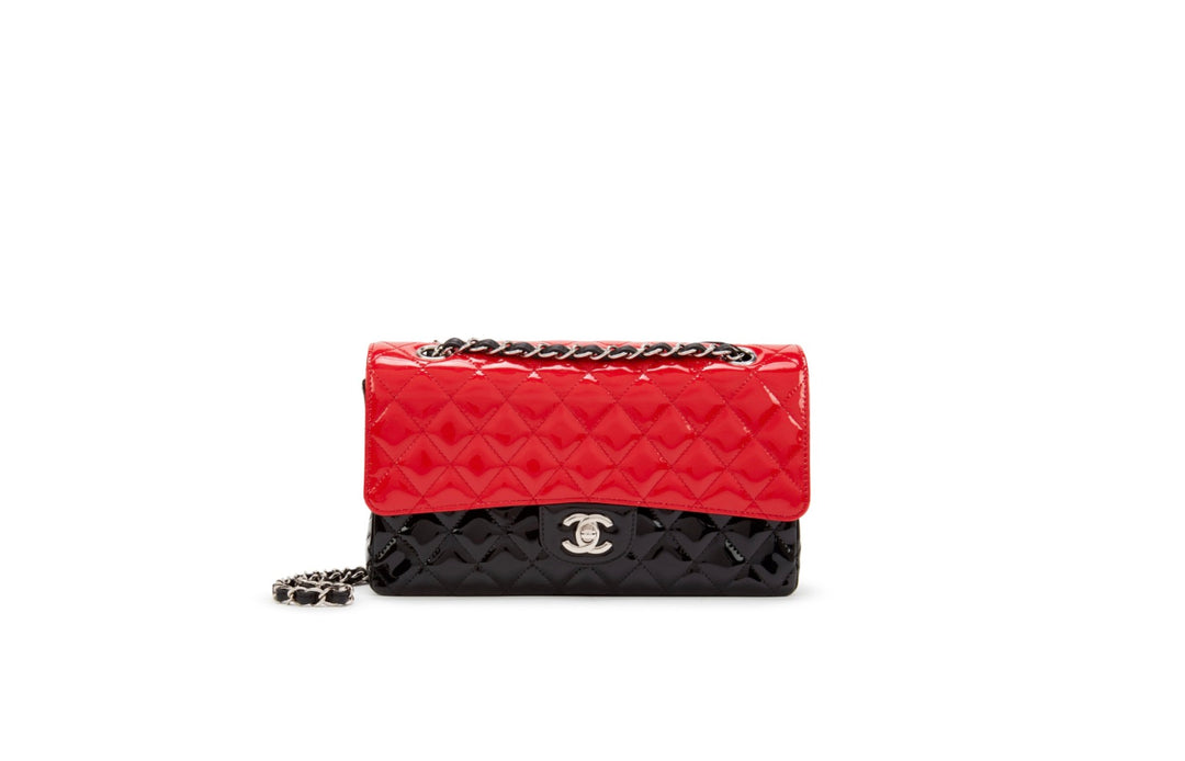 CHANEL QUILTED PATENT BI-COLOR MEDIUM CLASSIC DOUBLE FLAP BAG