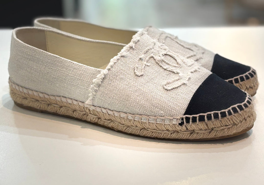CHANEL REV LINEN CANVAS CC LOGO DOUBLE SOLE ESPADRILLES
