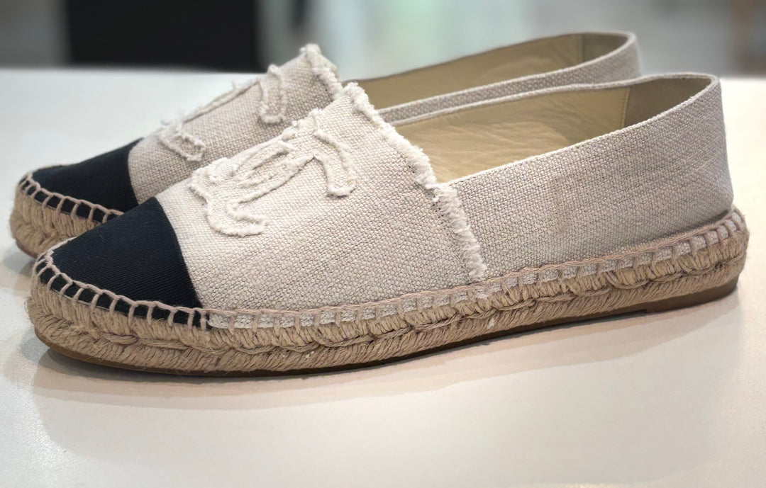 CHANEL REV LINEN CANVAS CC LOGO DOUBLE SOLE ESPADRILLES