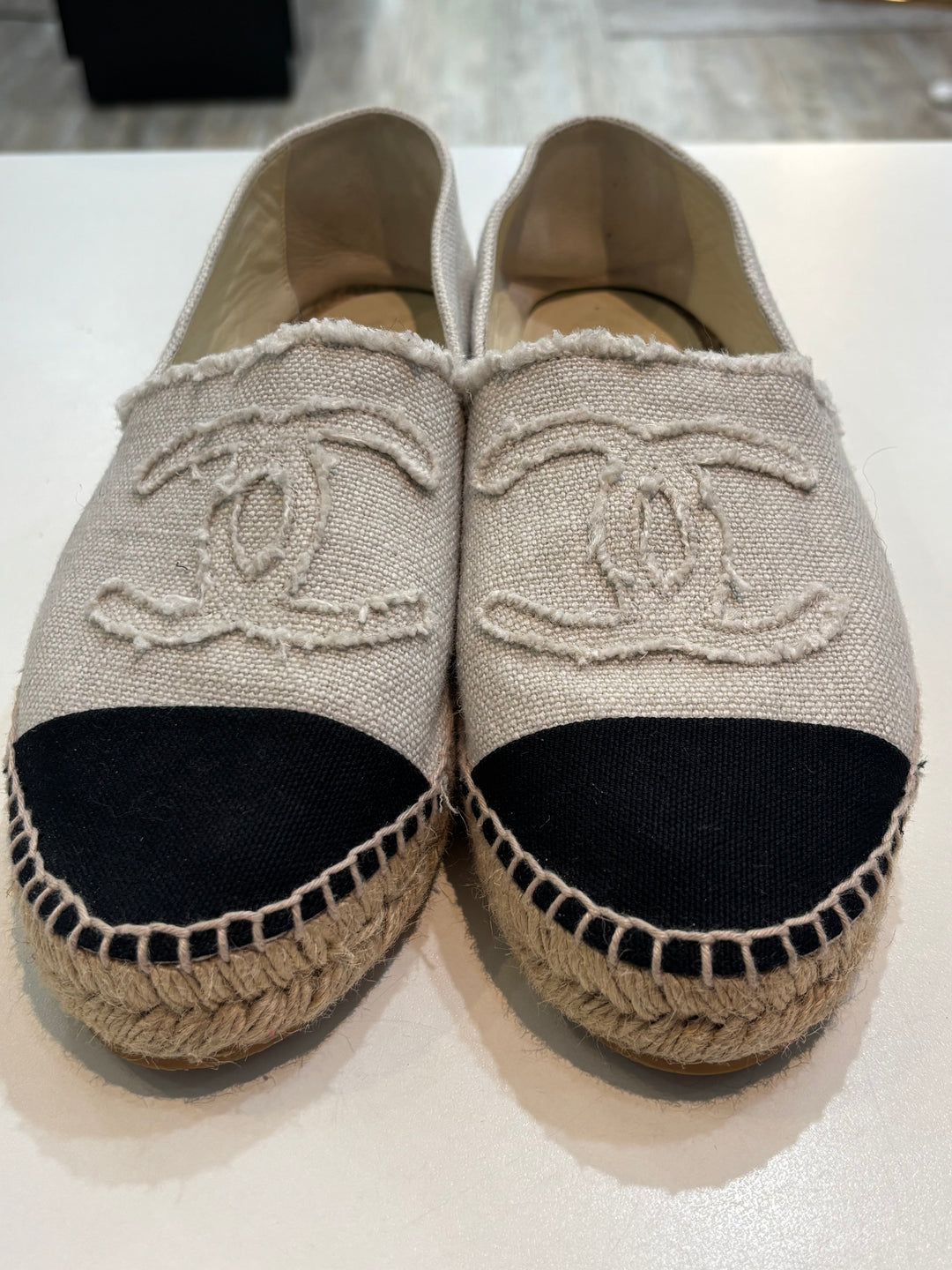 CHANEL REV LINEN CANVAS CC LOGO DOUBLE SOLE ESPADRILLES