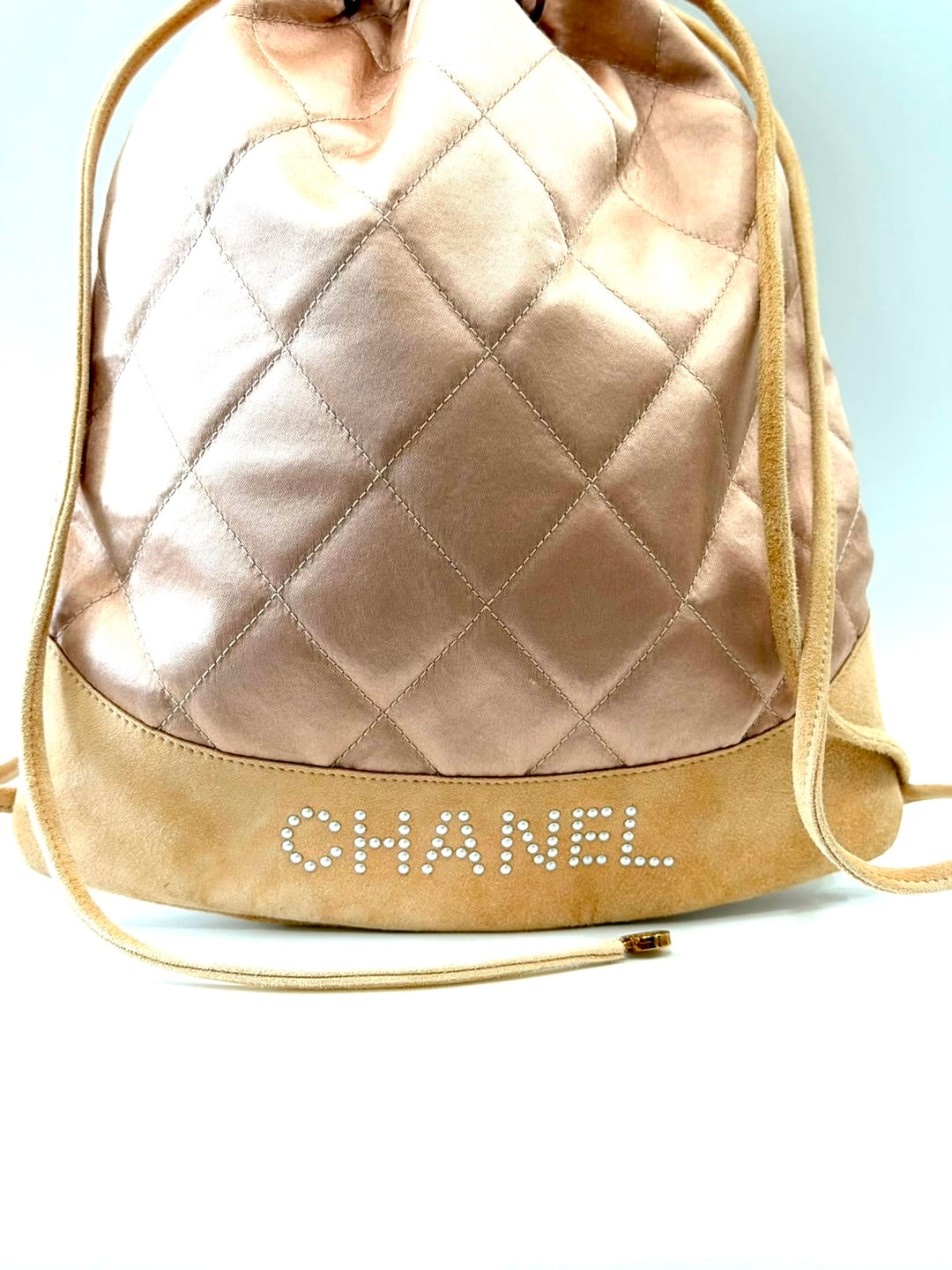 CHANEL DIAMOND STITCH QUILTED SATIN &amp; SUEDE CC DRAWSTRING BACKPACK