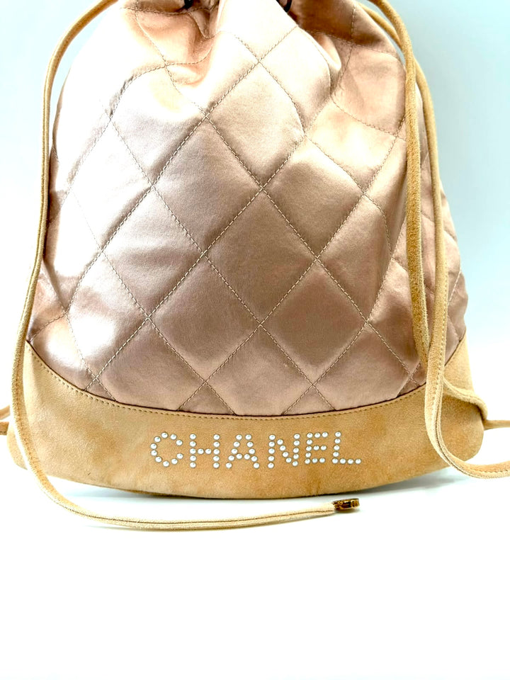 CHANEL DIAMOND STITCH QUILTED SATIN &amp; SUEDE CC DRAWSTRING BACKPACK