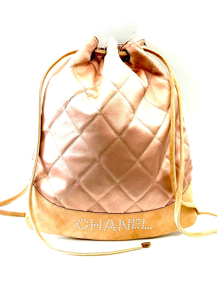CHANEL DIAMOND STITCH QUILTED SATIN &amp; SUEDE CC DRAWSTRING BACKPACK