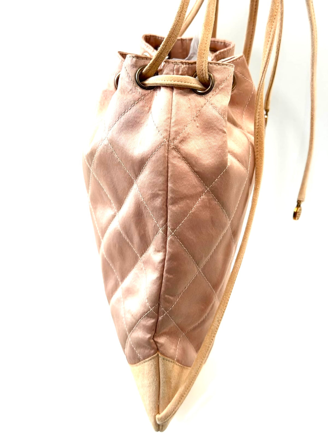 CHANEL DIAMOND STITCH QUILTED SATIN &amp; SUEDE CC DRAWSTRING BACKPACK
