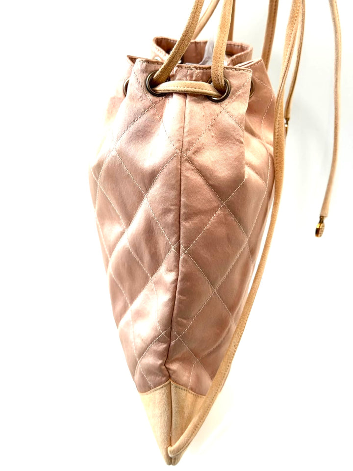 CHANEL DIAMOND STITCH QUILTED SATIN &amp; SUEDE CC DRAWSTRING BACKPACK