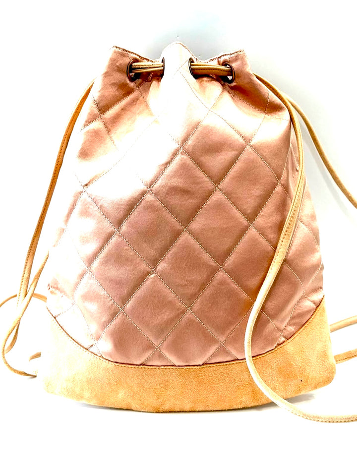 CHANEL DIAMOND STITCH QUILTED SATIN &amp; SUEDE CC DRAWSTRING BACKPACK