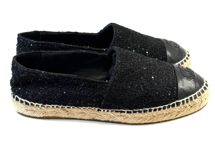CHANEL SEQUIN TWEED LAMBSKIN LEATHER CC CAP-TOE ESPADRILLES