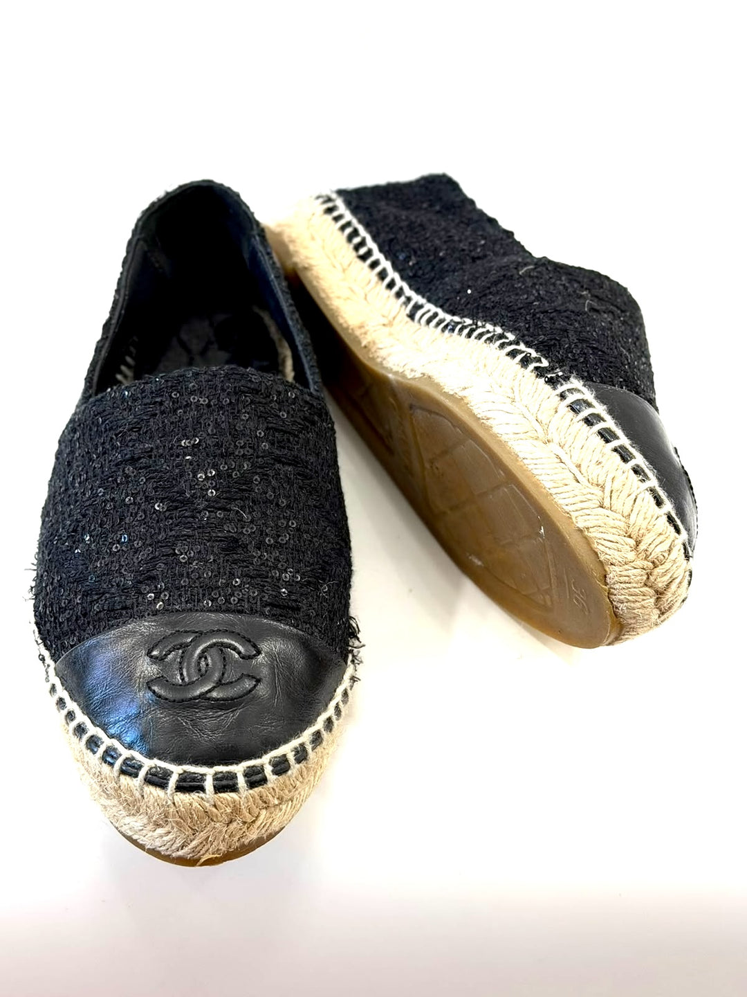 CHANEL SEQUIN TWEED LAMBSKIN LEATHER CC CAP-TOE ESPADRILLES