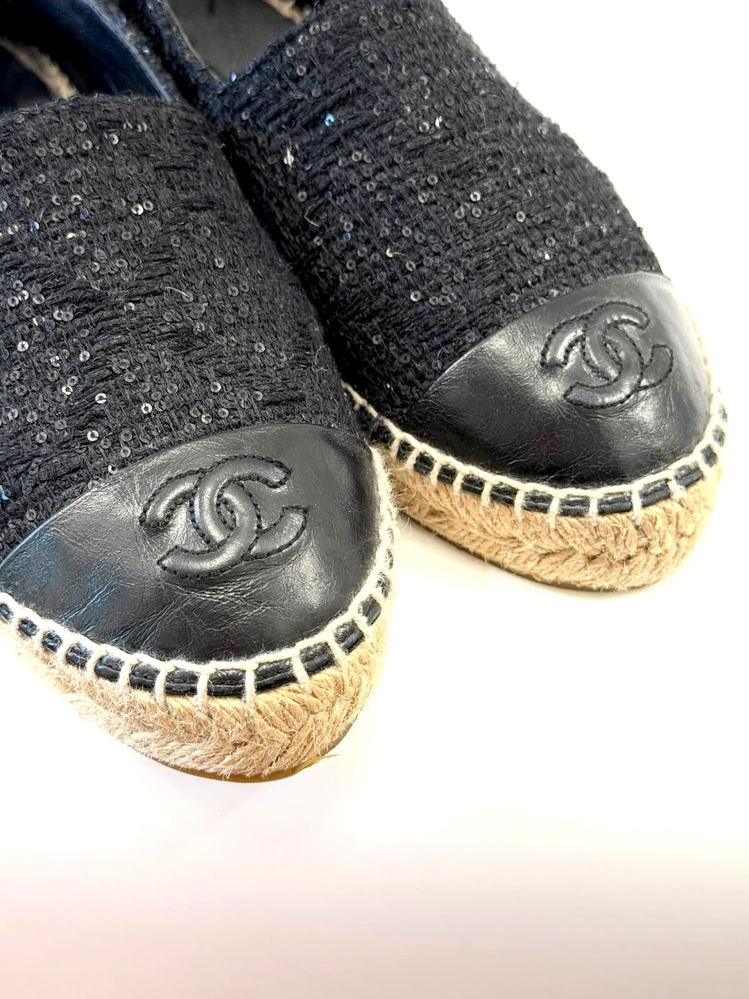 CHANEL SEQUIN TWEED LAMBSKIN LEATHER CC CAP-TOE ESPADRILLES