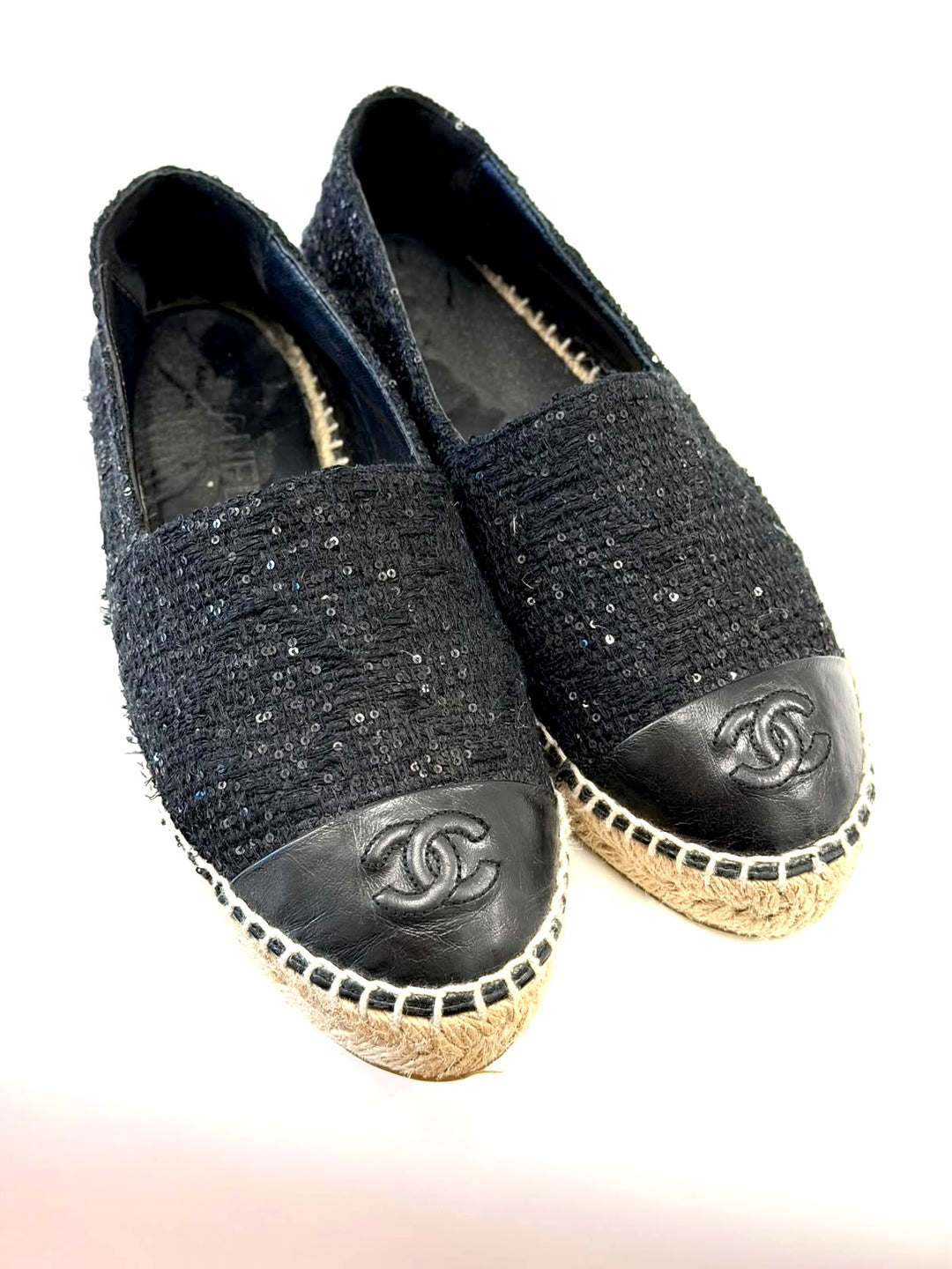 CHANEL SEQUIN TWEED LAMBSKIN LEATHER CC CAP-TOE ESPADRILLES