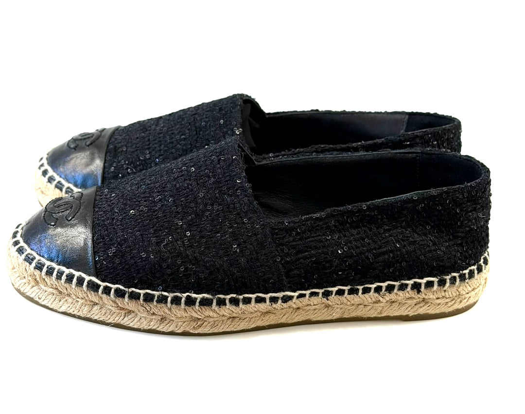 CHANEL SEQUIN TWEED LAMBSKIN LEATHER CC CAP-TOE ESPADRILLES