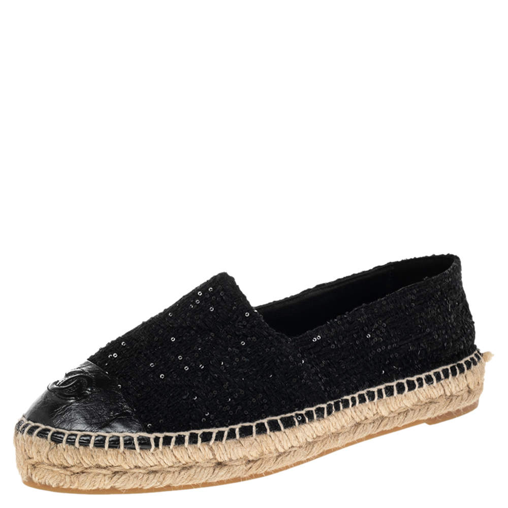 CHANEL SEQUIN TWEED LAMBSKIN LEATHER CC CAP-TOE ESPADRILLES