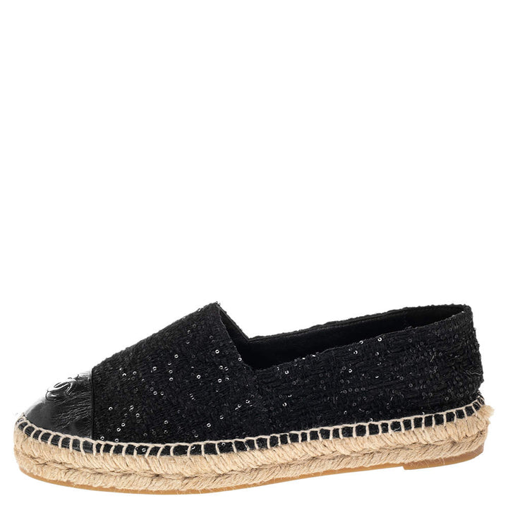 CHANEL SEQUIN TWEED LAMBSKIN LEATHER CC CAP-TOE ESPADRILLES