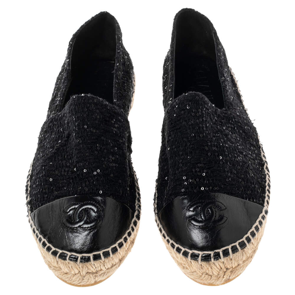 CHANEL SEQUIN TWEED LAMBSKIN LEATHER CC CAP-TOE ESPADRILLES