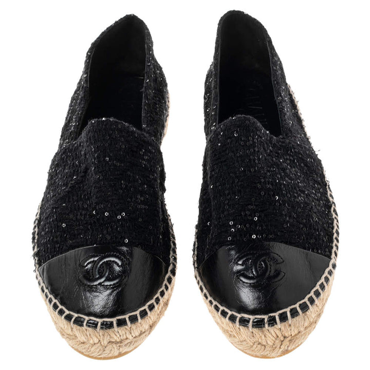 CHANEL SEQUIN TWEED LAMBSKIN LEATHER CC CAP-TOE ESPADRILLES