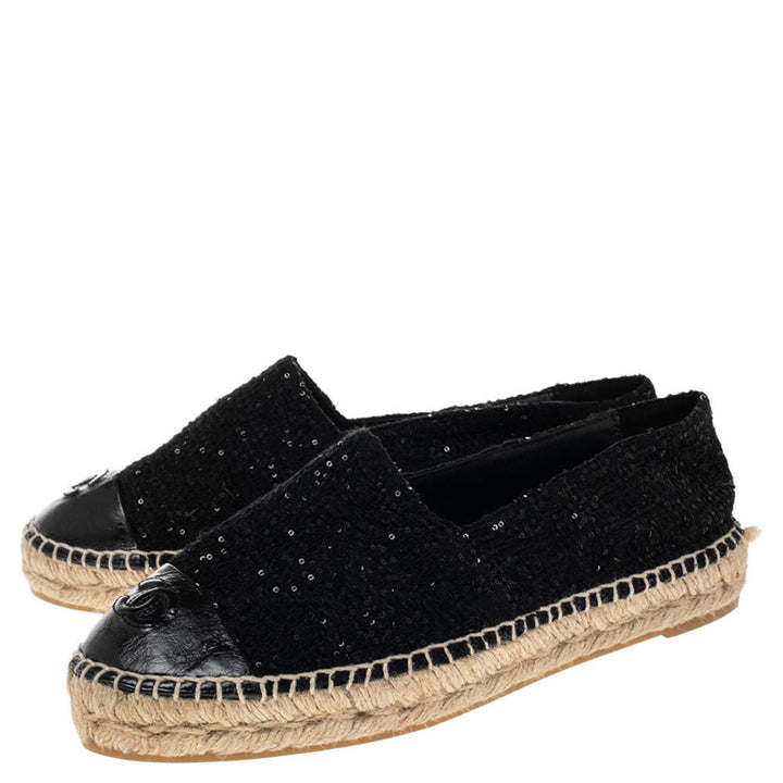 CHANEL SEQUIN TWEED LAMBSKIN LEATHER CC CAP-TOE ESPADRILLES