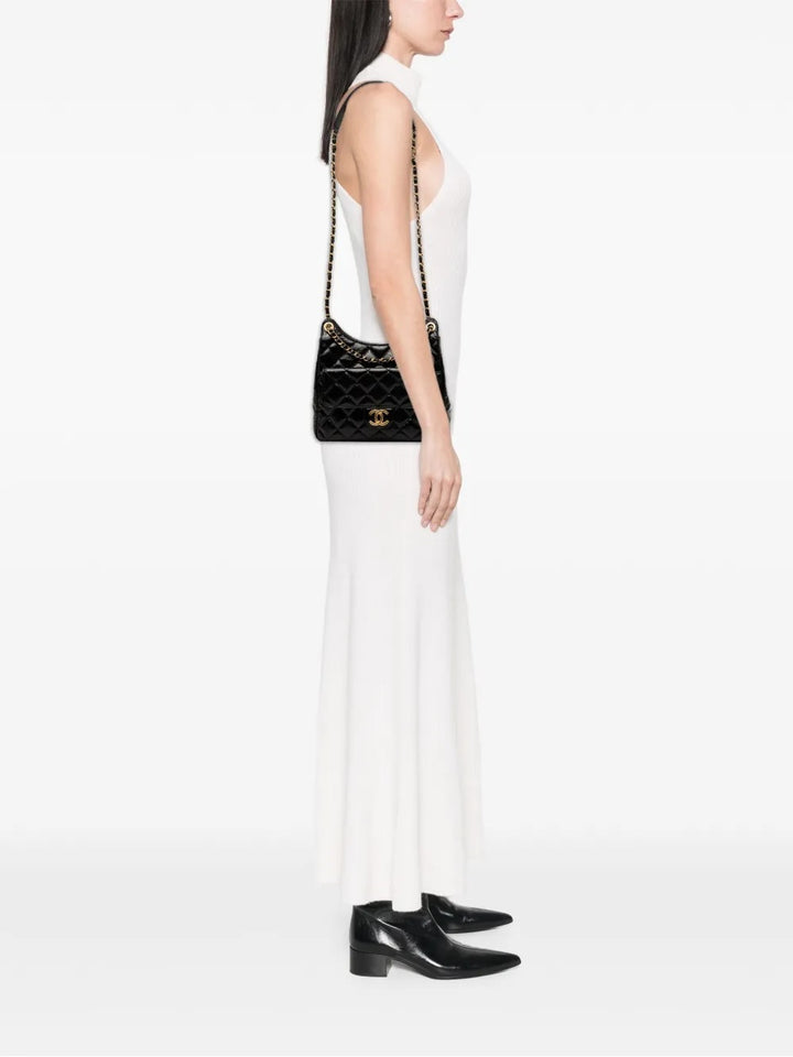 CHANEL CC SHINY CRUMPLED CALFSKIN QUILTED WAVY MEDIUM HOBO BAG