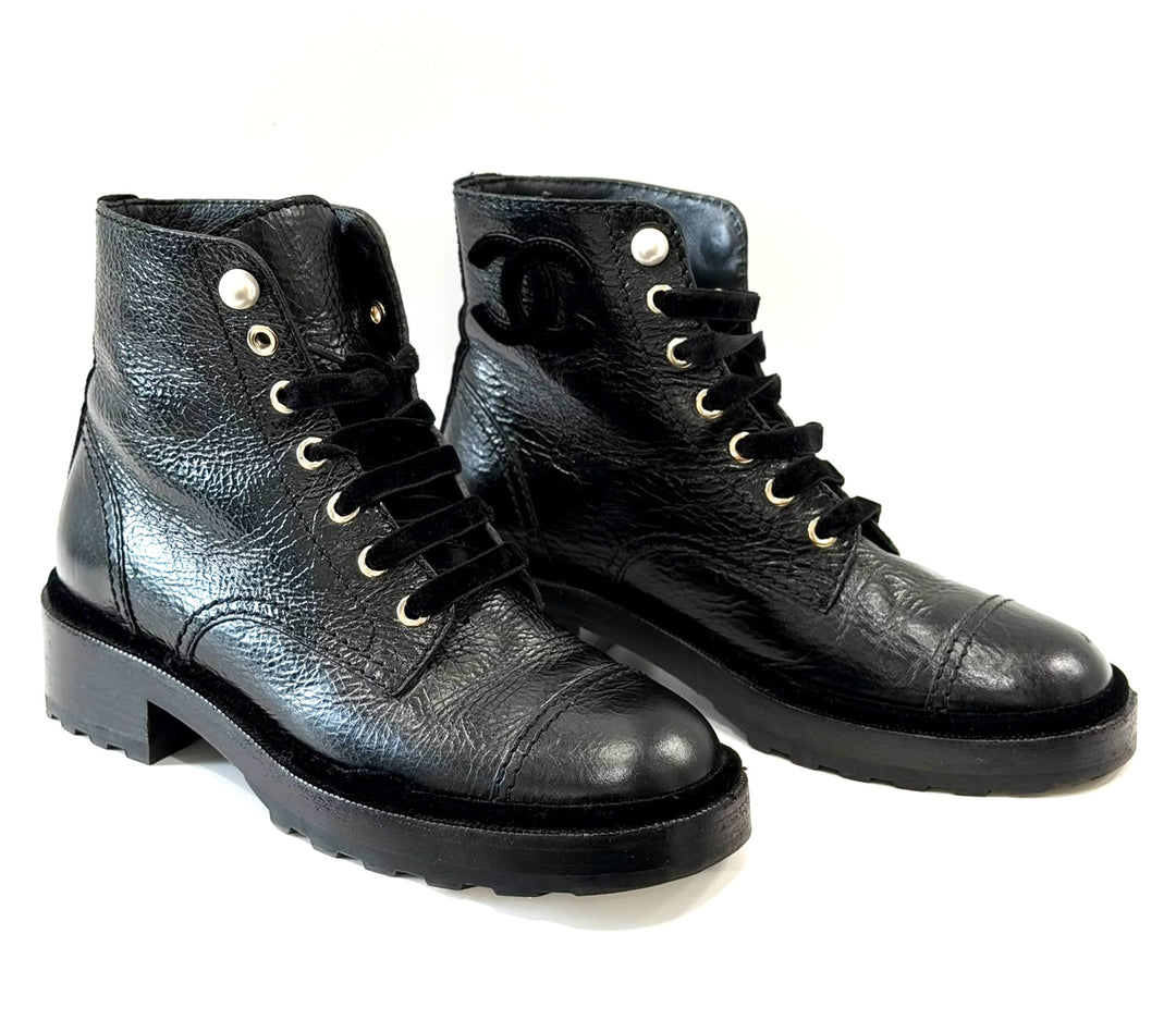 CHANEL SHINY CALFSKIN LEATHER PEARL ACCENT COMBAT BOOTS