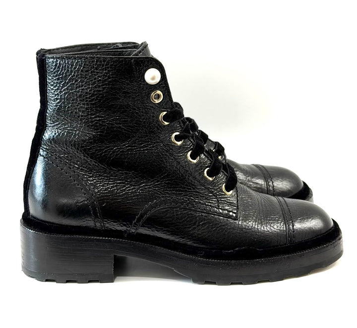 CHANEL SHINY CALFSKIN LEATHER PEARL ACCENT COMBAT BOOTS