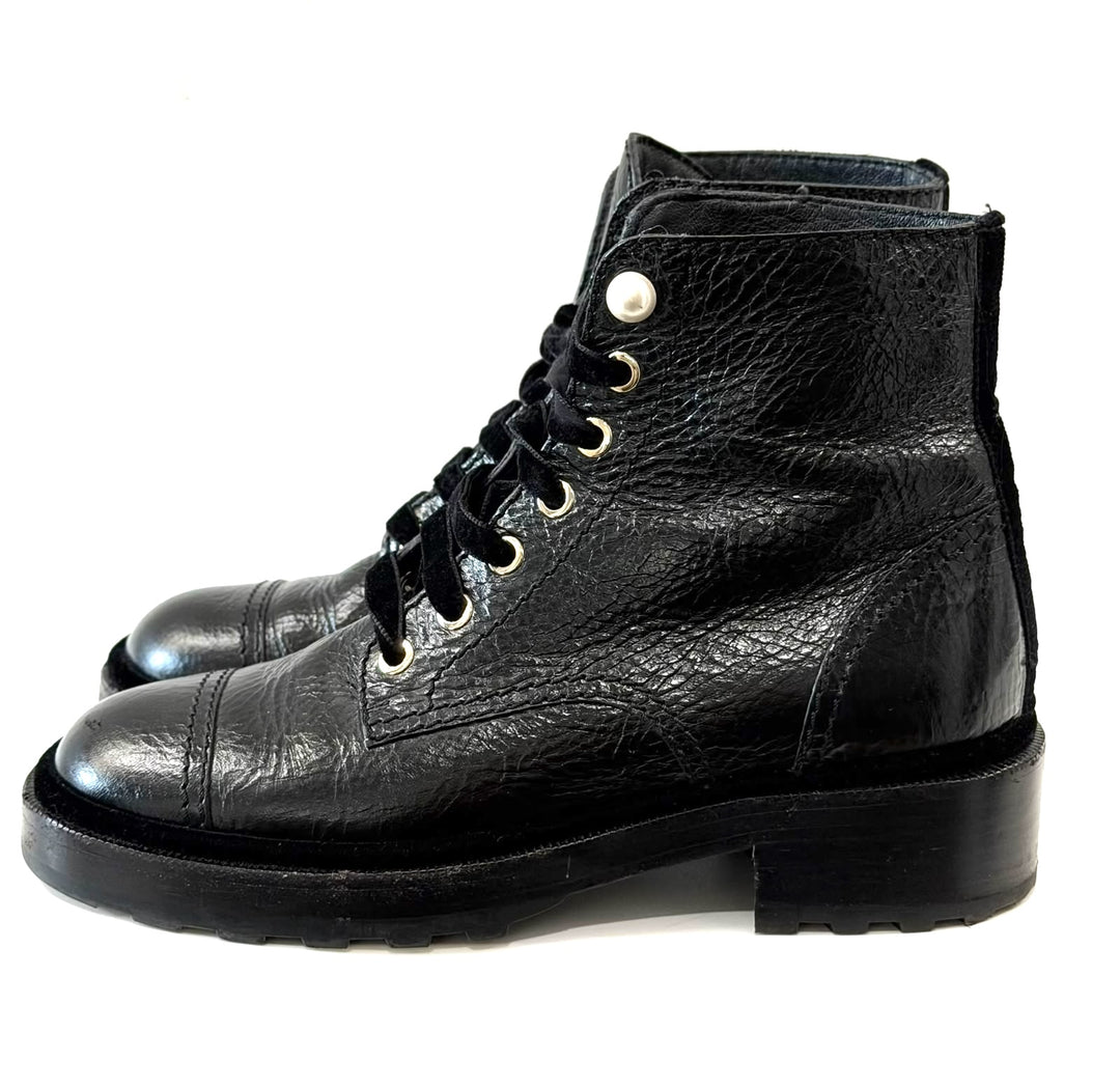 CHANEL SHINY CALFSKIN LEATHER PEARL ACCENT COMBAT BOOTS