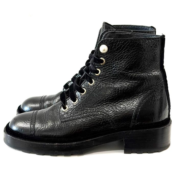 CHANEL SHINY CALFSKIN LEATHER PEARL ACCENT COMBAT BOOTS