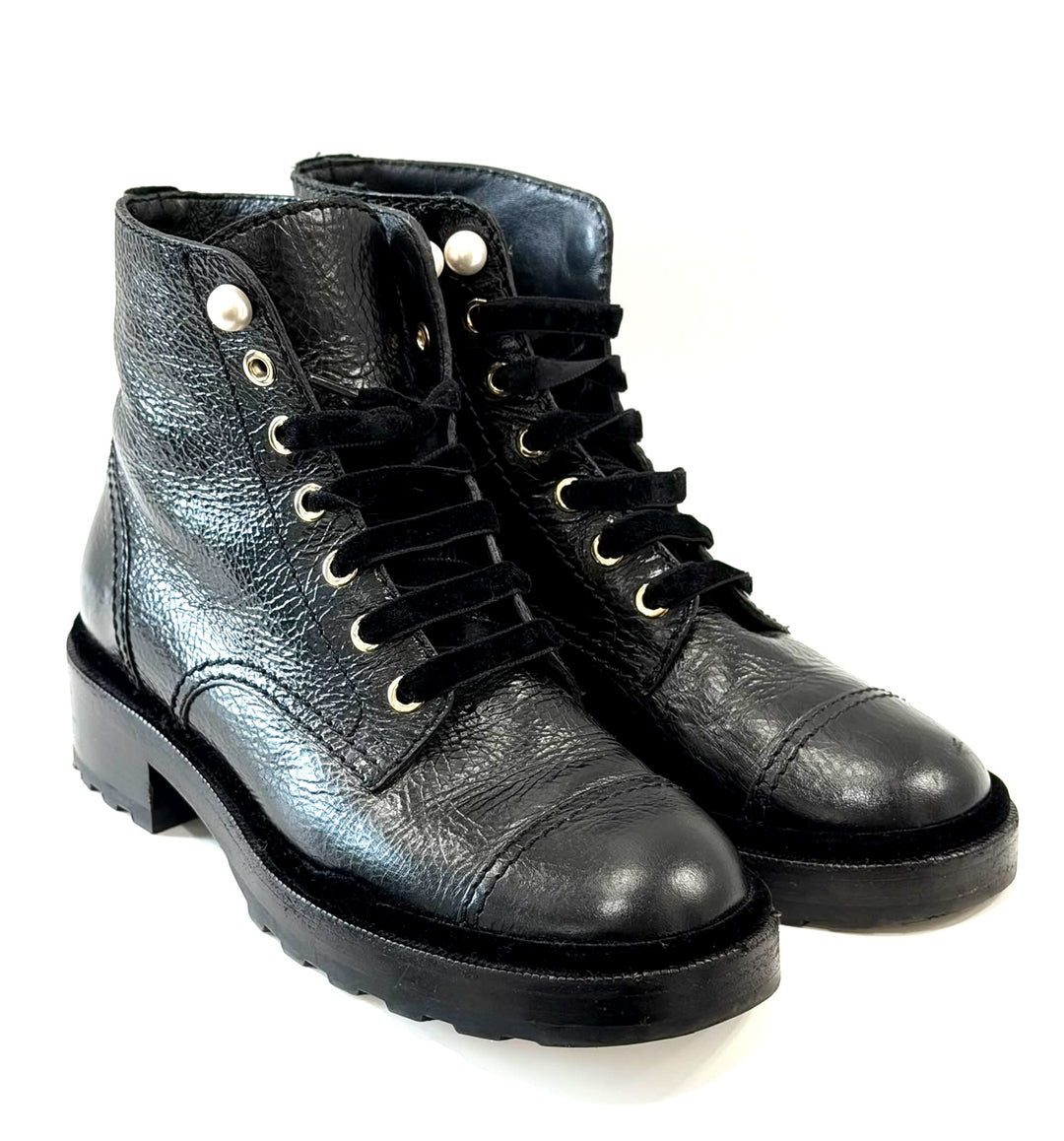 CHANEL SHINY CALFSKIN LEATHER PEARL ACCENT COMBAT BOOTS