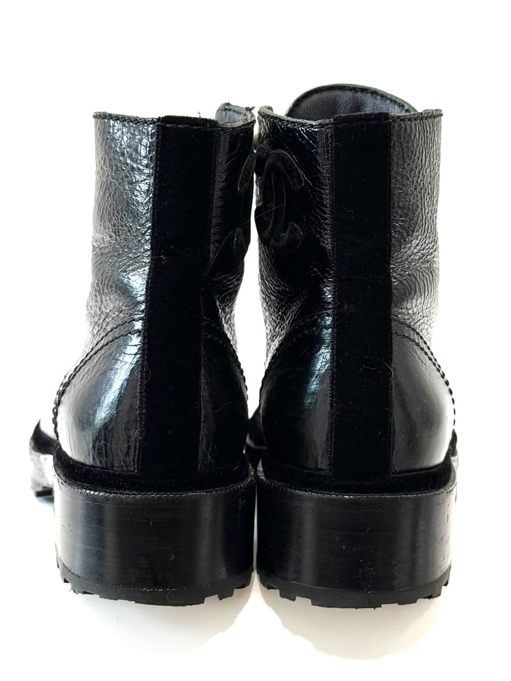 CHANEL SHINY CALFSKIN LEATHER PEARL ACCENT COMBAT BOOTS