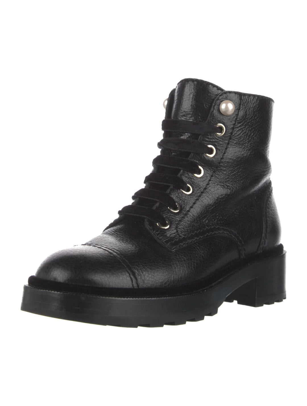 CHANEL SHINY CALFSKIN LEATHER PEARL ACCENT COMBAT BOOTS