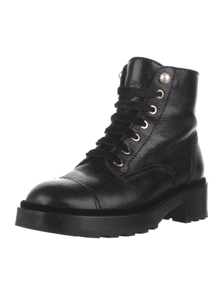 CHANEL SHINY CALFSKIN LEATHER PEARL ACCENT COMBAT BOOTS