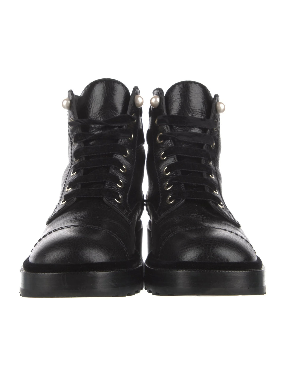 CHANEL SHINY CALFSKIN LEATHER PEARL ACCENT COMBAT BOOTS
