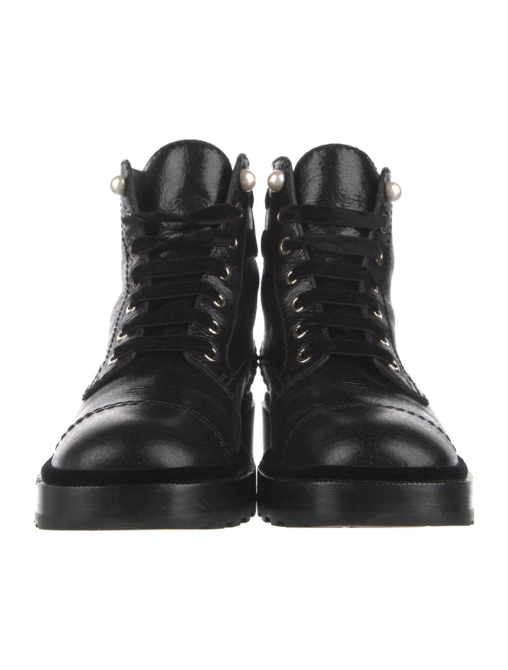 CHANEL SHINY CALFSKIN LEATHER PEARL ACCENT COMBAT BOOTS
