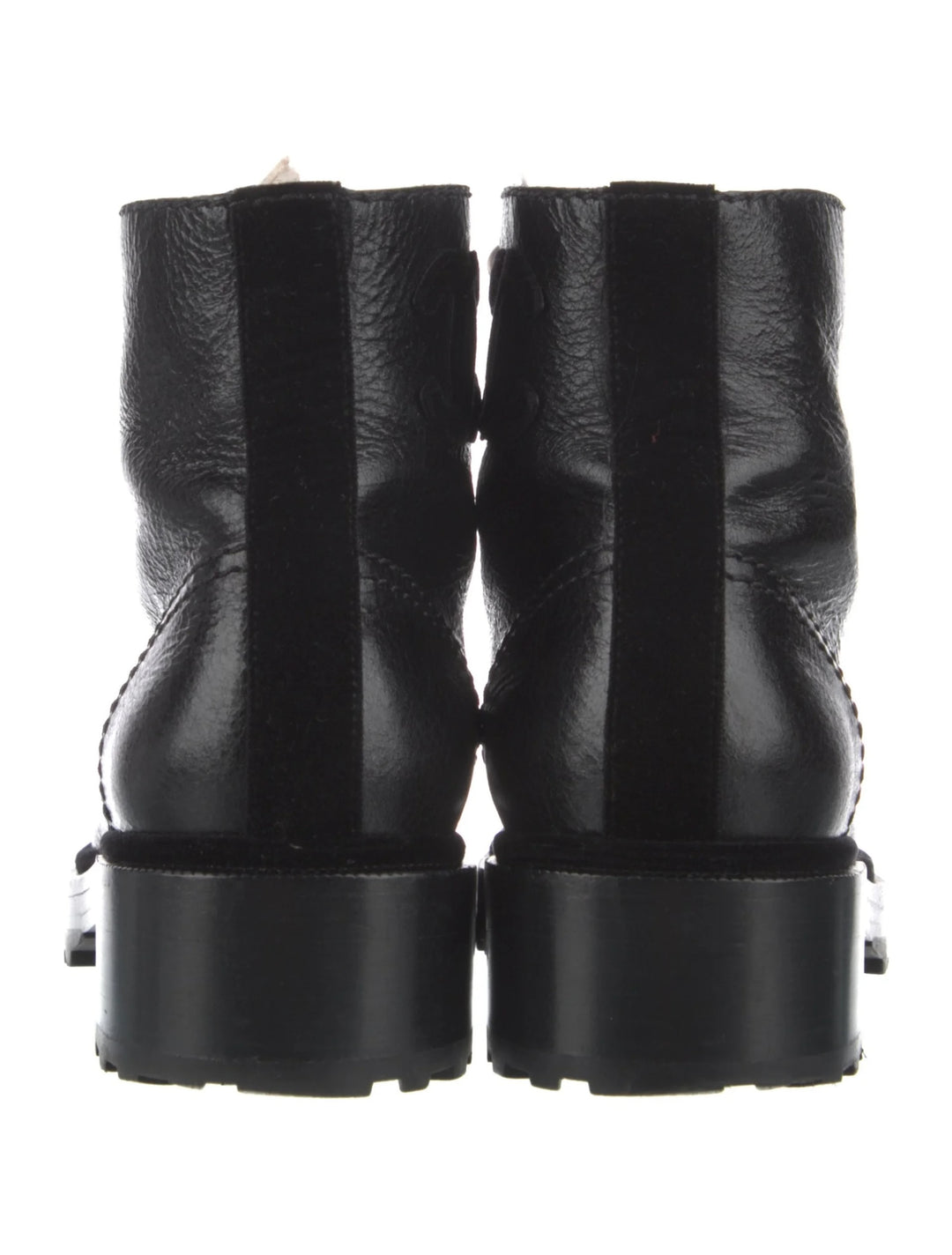 CHANEL SHINY CALFSKIN LEATHER PEARL ACCENT COMBAT BOOTS
