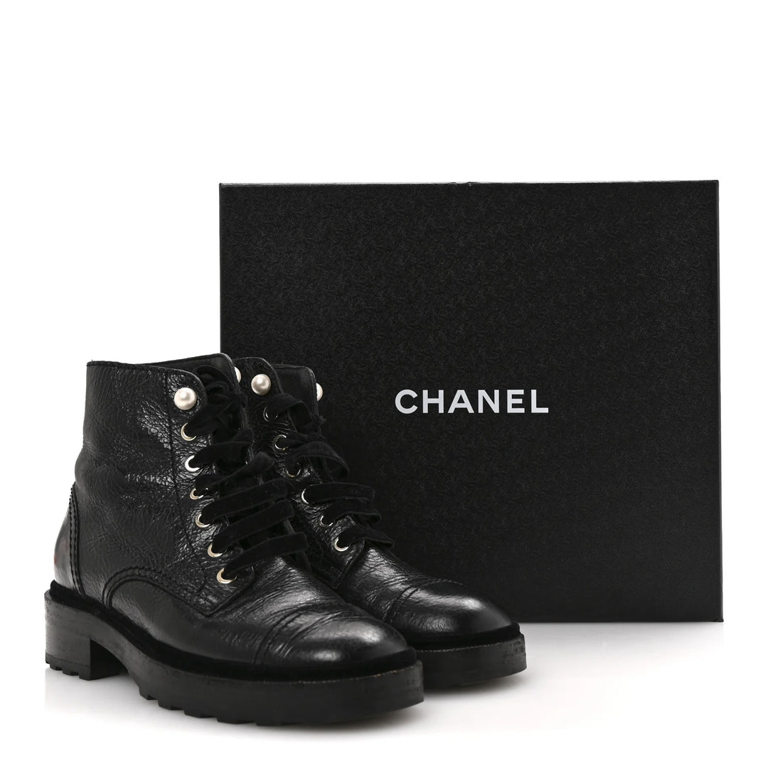 CHANEL SHINY CALFSKIN LEATHER PEARL ACCENT COMBAT BOOTS