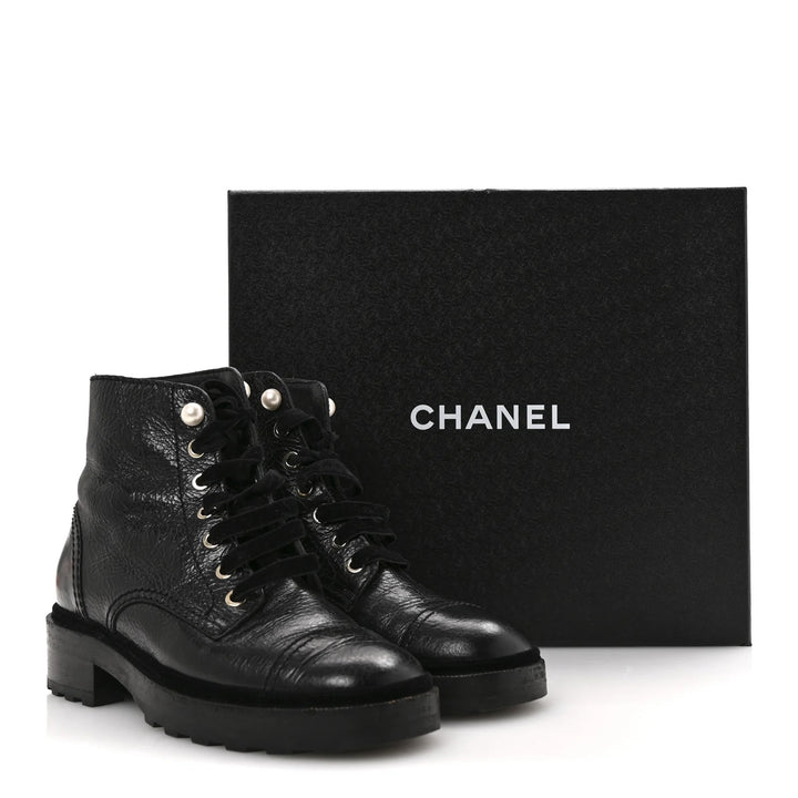 CHANEL SHINY CALFSKIN LEATHER PEARL ACCENT COMBAT BOOTS
