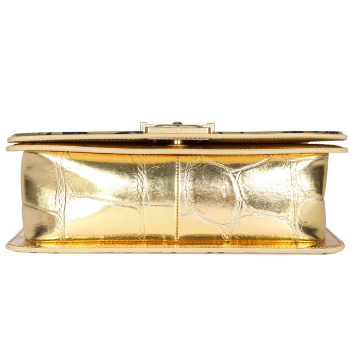 CHANEL SMALL METALLIC CALFSKIN CROC EMBOSSED PRINTED GOLD BOY BAG