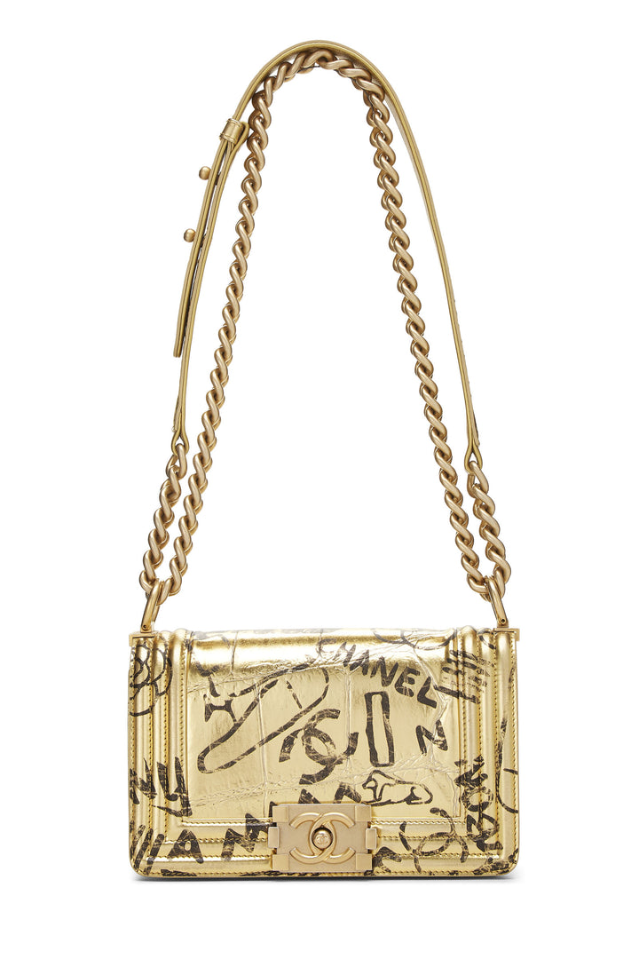 CHANEL SMALL METALLIC CALFSKIN CROC EMBOSSED PRINTED GOLD BOY BAG