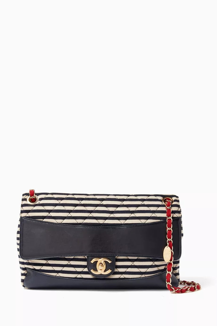 CHANEL STRIPED JERSEY LAMBSKIN COCO SAILOR SMALL BAG