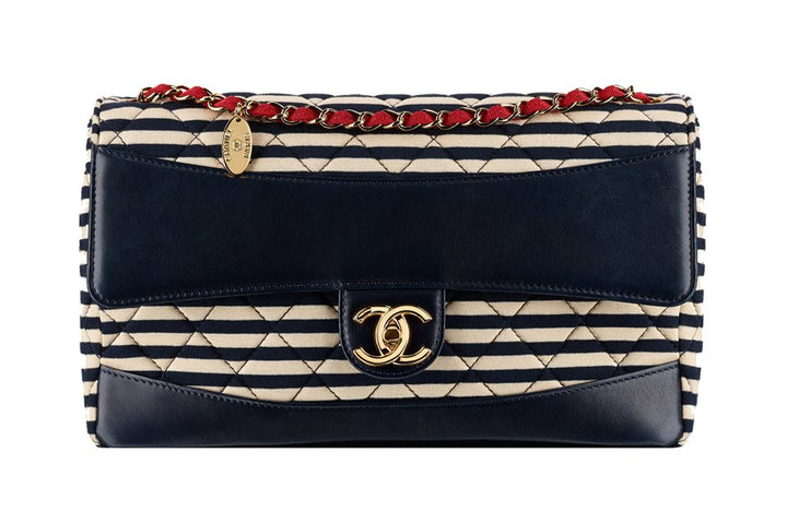 CHANEL STRIPED JERSEY LAMBSKIN COCO SAILOR SMALL BAG