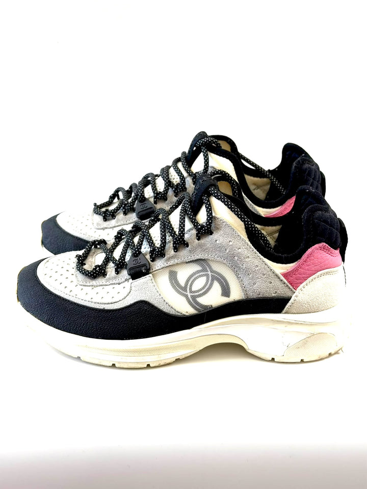 CHANEL INTERLOCKING CC LOGO SUEDE CALFSKIN &amp; MESH SNEAKERS